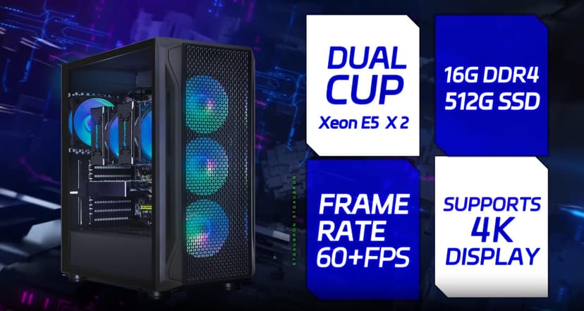 STGAubron Dual CPU Gaming PC, Dual Intel i7 Xeon E5 up to 3.7GHz, Radeon RX 580 8G, 16G DDR4, 512G SSD, 600M WiFi, BT 5.0, RGB Fan x 4, Windows 10 Pro