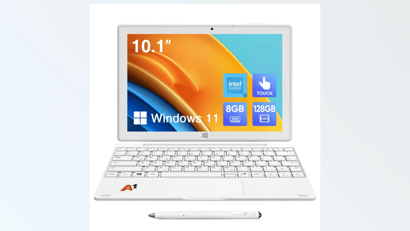2-in-1 Detachable Touch Screen Laptop, 8GB DDR4 RAM, 128GB SSD, 10.1" Win 11 Tablet with Keyboard, Pentium N5030 (Up to 3.1GHz), Dual-Band WiFi, Bluetooth, USB 3.0, Dual Camera, White