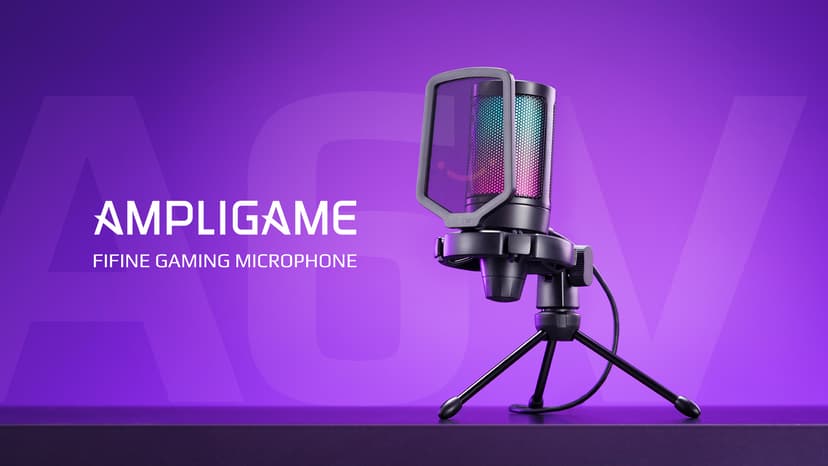 FIFINE Gaming USB Microphone for PC PS5, Condenser Mic with Quick Mute, RGB Indicator, Tripod Stand, Pop Filter, Shock Mount, Gain Control for Streaming Discord Twitch Podcasts Videos- AmpliGame