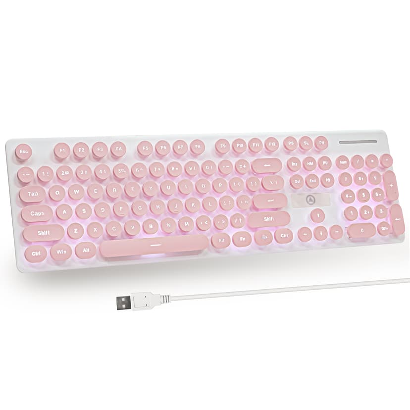 Wired Quiet Membrane Keyboard,Full Size 104-Keys Retro Punk Typewriter White LED Backlit ，USB Ultra Slim Gaming Keyboard with ABS Round keycaps for Windows/PC/Laptop (Pink)