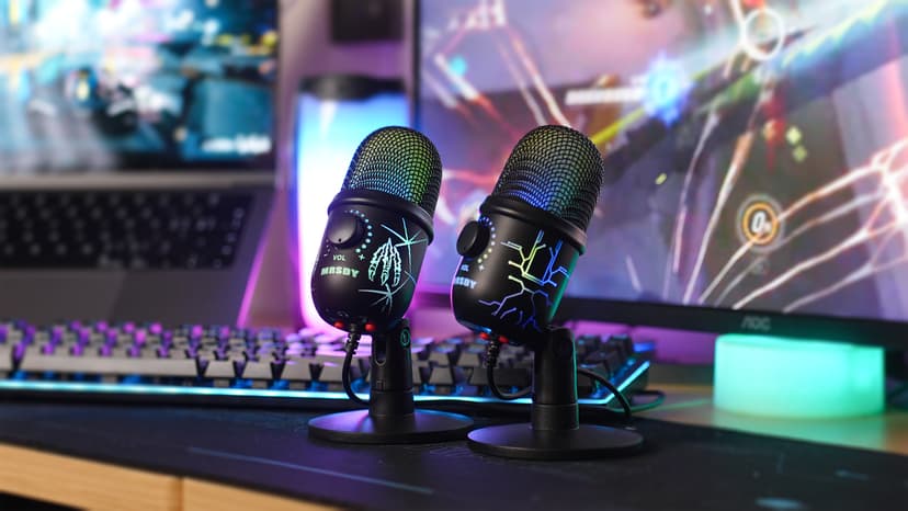 Gaming Microphone, USB Computer Microphone for PC, Mac, PS4/5, Condenser Podcast Mic for Studio Recording, YouTube, Streaming, with Headphone Jack, Led Light, Mute, Gain, Noise Cancellation