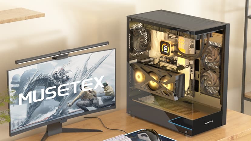 MUSETEX K2 PC Case, Computer Case 360MM RAD Support, Type-C Black ATX Case for PC, Full-View Dual Tempered Glass Mid Tower Case with 3 Non-LED Fans, Desktop Gaming PC Case