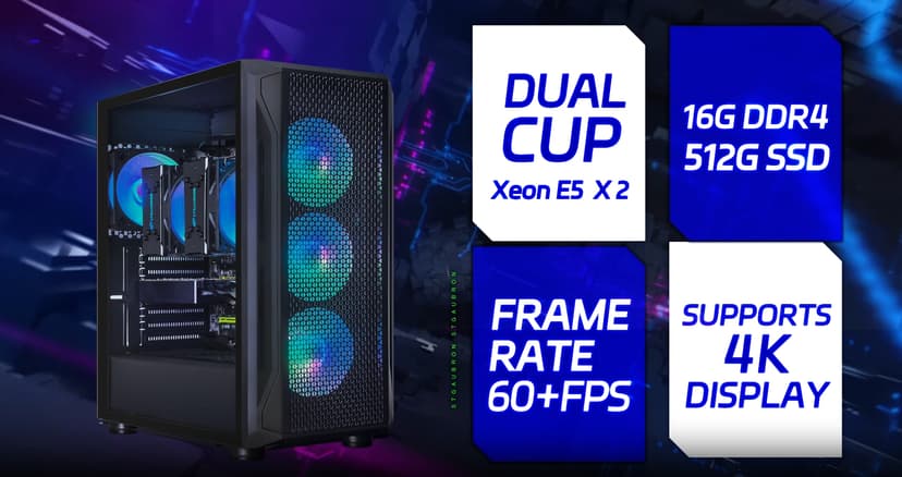 STGAubron Dual CPU Gaming PC, Dual Intel i7 Xeon E5 up to 3.7GHz, Radeon RX 590 8G, 16G DDR4, 512G SSD, 600M WiFi, BT 5.0, RGB Fan x4, Windows 10 Pro