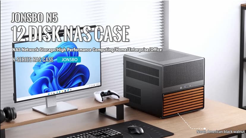 JONSBO N5 NAS Pc Case, E-ATX,12HDD+4SSD Drive Bay GPU HP Host, Supports Max. 4 GPU,E-A.TX(330mm) MB/ATX PSU Supports, with 3 Fans Built-in, 8 Slots PCI, Solid Wood Veneer Computer Case,Home Server