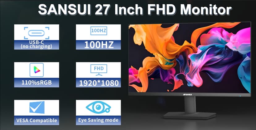 SANSUI Monitor 27 Inch 100Hz USB Type-C Computer Monitor, FHD 1920X1080P,Frameless Eye Care PC Office Monitor with HDMI, Adaptive Sync, HDR, VESA(100x100mm)（ES-27F2C HDMI Cable Included）