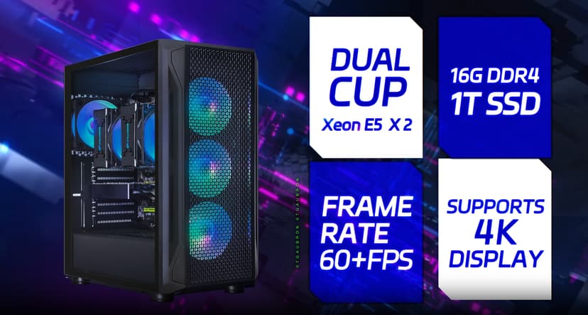 STGAubron Dual CPU Gaming PC, Dual Intel i7 Xeon E5 up to 3.7G, Radeon RX 580 8G, 16G DDR4, 1T SSD, 600M WiFi, BT 5.0, RGB Fan x4, Windows 10 Pro