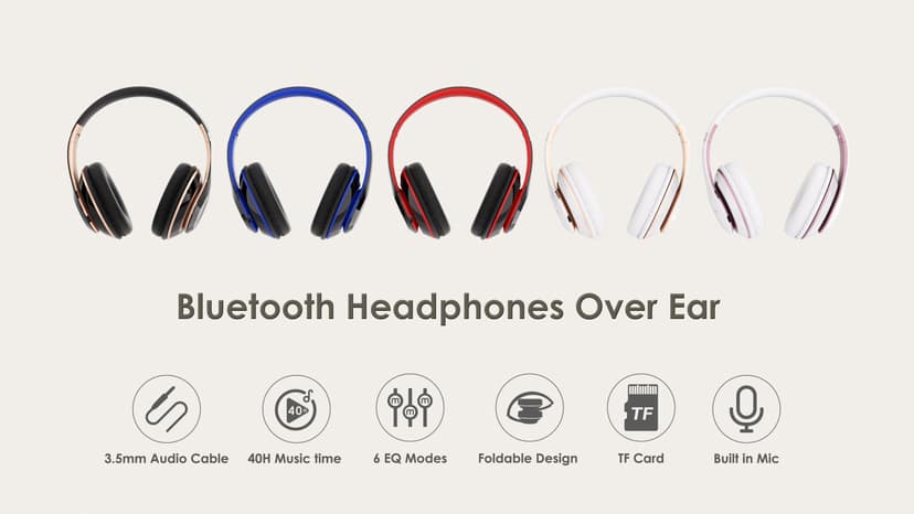 Bluetooth Headphones Over Ear, 6S Foldable Wireless Headphones with 6 EQ Modes, 40 Hours Playtime HiFi Stereo Headset with Mic, Soft Ear Pads, TF/FM for Cellphone/PC/Home (White & Gold)