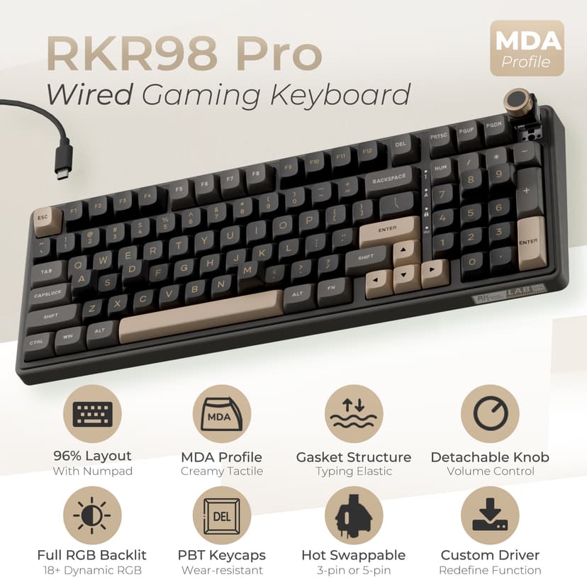 RK ROYAL KLUDGE R98 Pro Creamy Mechanical Keyboard, 96% Wired Gaming Keyboard RGB Backlit with Number Pad and Volume Knob, Gasket Mount, MDA Profile PBT Keycaps, Hot Swappable Pre-lubed Tactile Switch