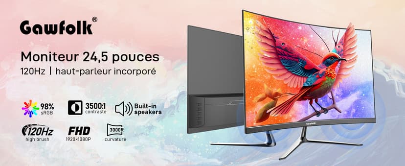 24.5 Inch Gaming Curved Monitor Built-in Speakers, 3000R 120Hz PC Screen Full HD 1080P, HDMI 2.0, VGA, Wall Mount Compatible 75 * 75mm
