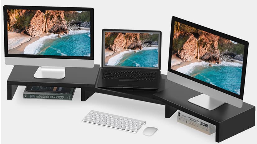 TAVR Dual Monitor Stand Riser Office Desktop Organizer Stand for 2 Monitors, Adjustable Length and Angle 3 Shelf, Extra Long Multifunctional Stand up to 43.3" fit Computer, Laptop, TV, Black