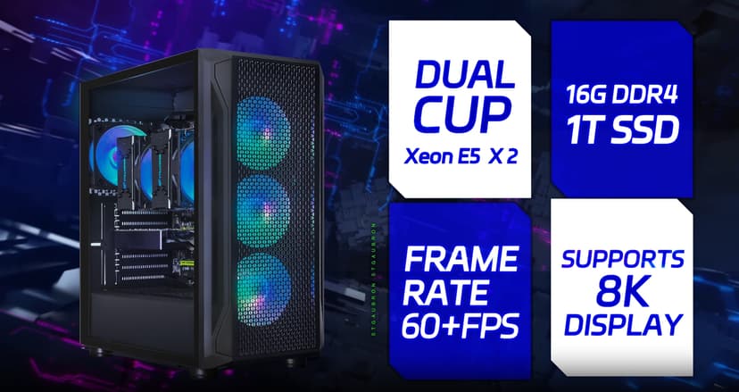 STGAubron Dual CPU Gaming PC, Dual Intel i7 Xeon E5 up to 3.7GHz, GeForce GTX 1660 Super 6G, 16G DDR4, 1T SSD, 600M WiFi, BT 5.0, RGB Fan x4, Windows 10 Pro