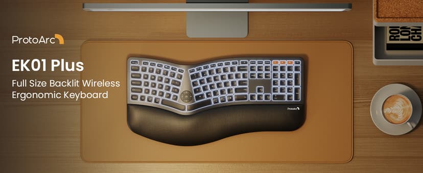 ProtoArc Backlit Bluetooth Ergonomic Keyboard, EK01 Plus Full Size Wireless Split Keyboard with Dual Bluetooth and USB, Cushioned Wrist Rest, Rechargeable, Compatible with Windows/Mac/Android, Grey