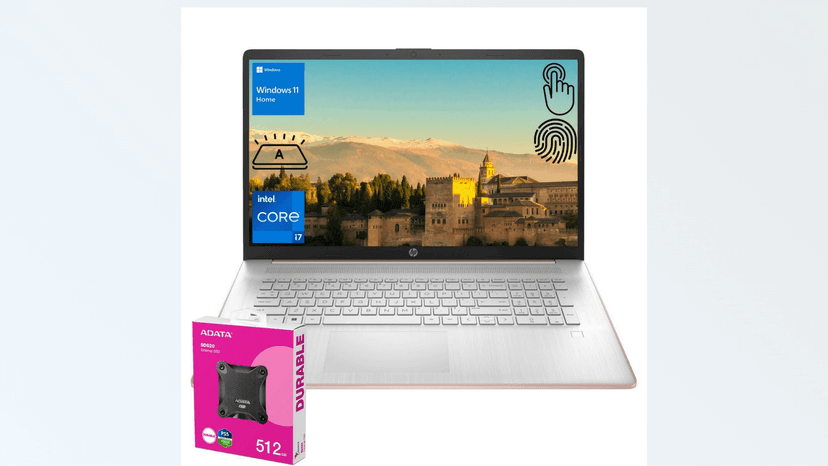 HP Premium 17.3" Laptop, 17.3" HD+ Touchscreen, Intel Core i7-1355U, 64GB RAM, 2TB SSD, Webcam, HDMI, Backlit KB, FP Reader, Wi-Fi 6, Win 11 H, Pale Rose Gold, ADATA 512 External SSD Bundle