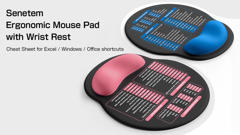 Mouse Pad with Wrist Rest - Ergonomic Memory Foam Support, Small Cute Excel Cheat Sheet Mousepad with Windows & Office Shortcuts, Non-Slip PU Base, for Computer Desk Laptop Travel, Black Blue