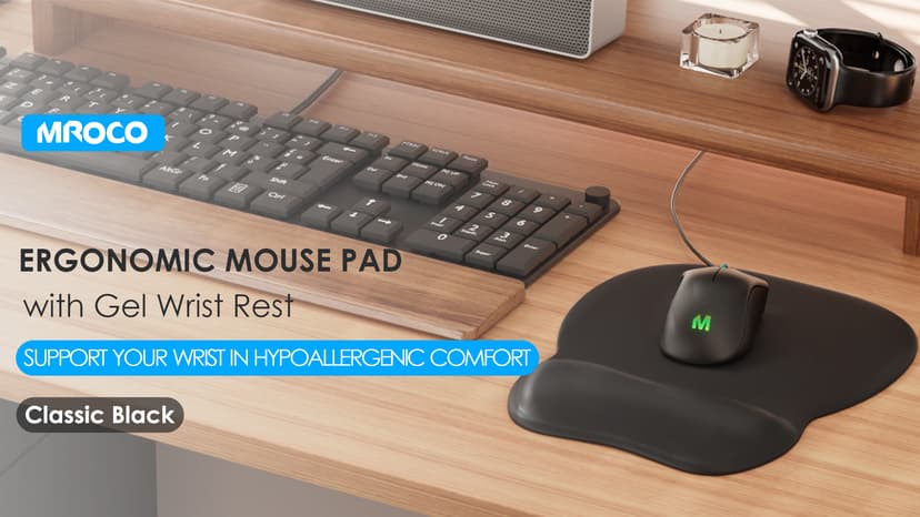 MROCO Ergonomic Mouse Pad with Gel Wrist Rest, Comfortable Mousepad with Smooth Wrist Support Surface and Non-Slip PU Base for Pain Relief, Computer, Laptop, Office & Home, 9.4 x 8.1 in, Black Color