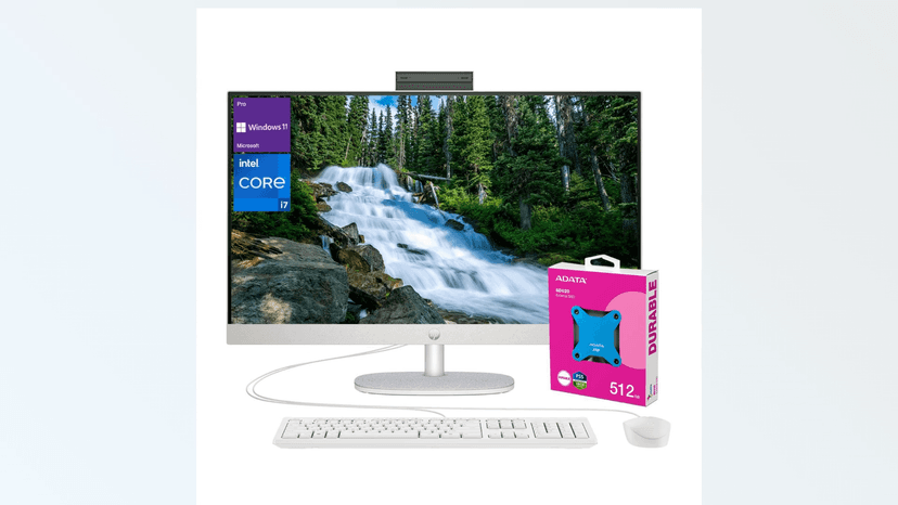 HP 27 i7 Business All in One Desktop, 27" FHD, Intel i7-1355U, 64GB RAM, 2TB SSD, Wired Keyboard & Mouse, IR Camera, HDMI, Wi-Fi 6, Windows 11 Pro, White with ADATA 512 External SSD Bundle
