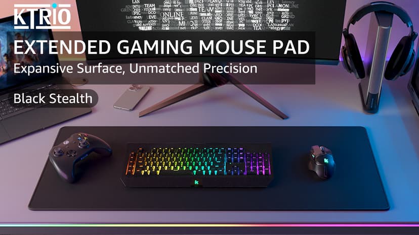 KTRIO Large Gaming Mouse Pad with Superior Micro-Weave Cloth, Extended Desk Mousepad with Stitched Edges, Non-Slip Base, Water Resist Keyboard Pad for Gamer, Office & Home, 31.5 x 11.8 in, Black