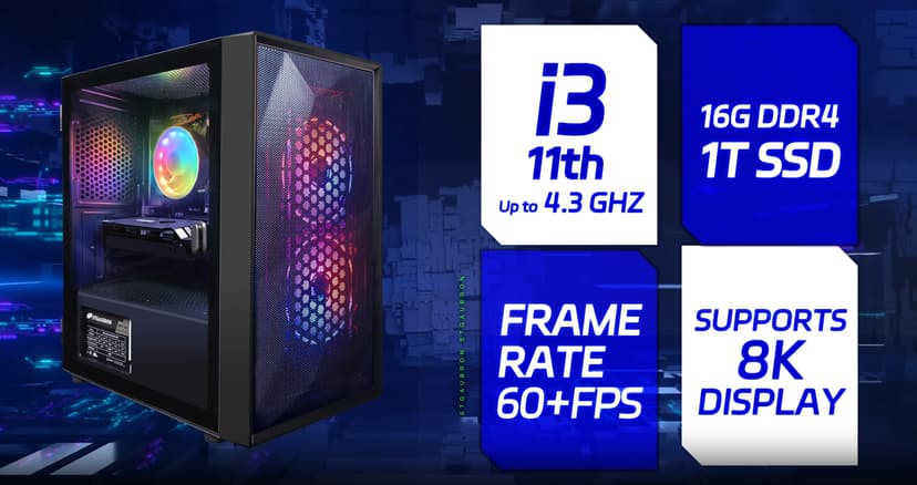 STGAubron Gaming PC, GeForce GTX 1660 Super 6G, Intel Core i3-10100F up to 4.3G, 16G DDR4, 1T SSD, WiFi, BT 5.0, RGB Fan x3, RGB BT Sound Bar, RGB BT Gaming Mic, Windows 11 Home