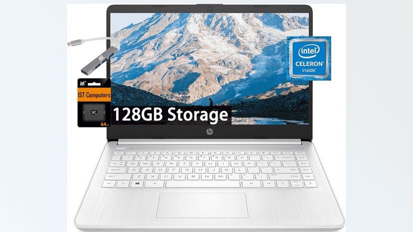 HP 14" Ultra Light Laptop for Student & Home (Intel Quad-Core N4120, 4GB RAM, 128GB (64GB + 64GB SD), 1-Year Office 365) 11-Hr Long Battery Life, IST HUB, Webcam, Win 11 Home in S Mode, Snow White