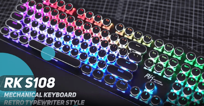 RK ROYAL KLUDGE S108 Typewriter Keyboard, Retro Mechanical Gaming Keyboard Wired 108 Keys with RGB Backlit Sidelight, Detachable Wrist Rest, Round Keycaps Blue Switches - Black