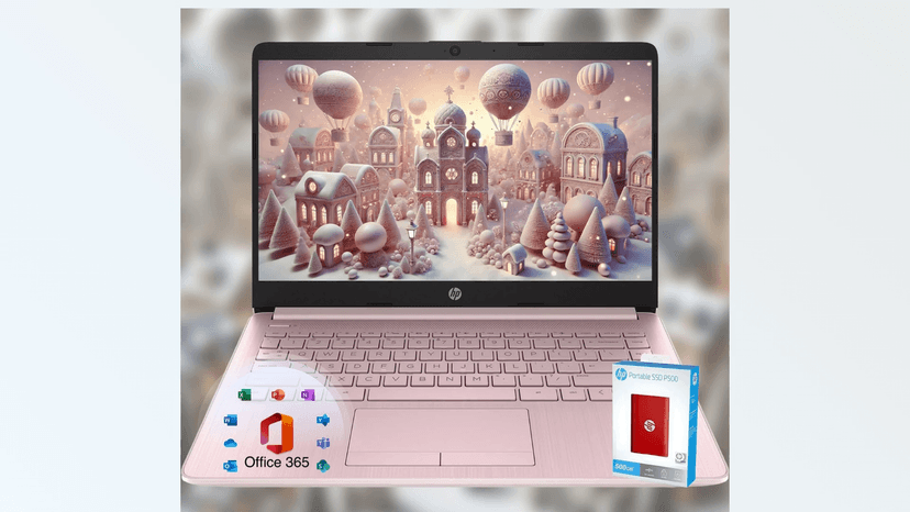 HP 14 Laptop • Back to School Limited Edition with Microsoft 365 • 4-Core Intel CPU • 8GB RAM •1600GB Storage (64GB OnBoard + 512GB P500 Portable SSD + 1TB OneDrive) • Pink • Win 11