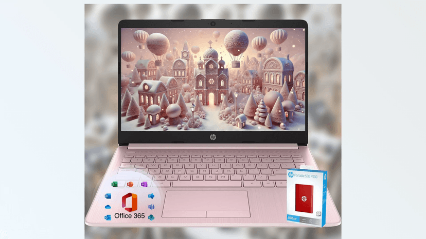 HP 14 Laptop • Back to School Limited Edition with Microsoft 365 • 4-Core Intel CPU • 16GB RAM •1600GB Storage (64GB OnBoard + 512GB P500 Portable SSD + 1TB OneDrive) • Pink • Win 11