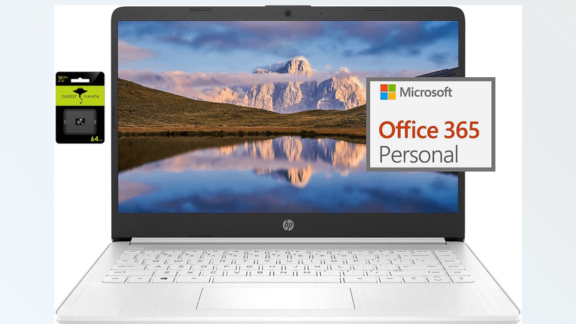 HP 14" Ultral Light Laptop for Students and Business, Intel Quad-Core N4120, 16GB RAM, 128GB Storage(64GB eMMC+64GB Ghost Manta SD), 1 Year Office 365, Webcam, HDMI, WiFi, USB-A&C, Win 11 S