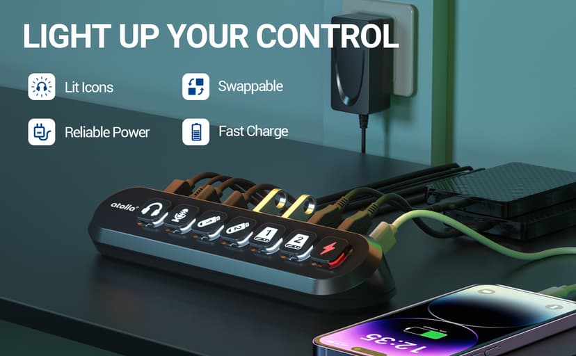 Powered USB Hub, atolla 7-Port USB 3.0 hub (6 Superspeed Transfer Ports+ 1 Fast Charging Port) with Swappable Illuminated Icon Switch and 12V/3A Power Adapter for Windows, MacOS, ChromeOS, Linux
