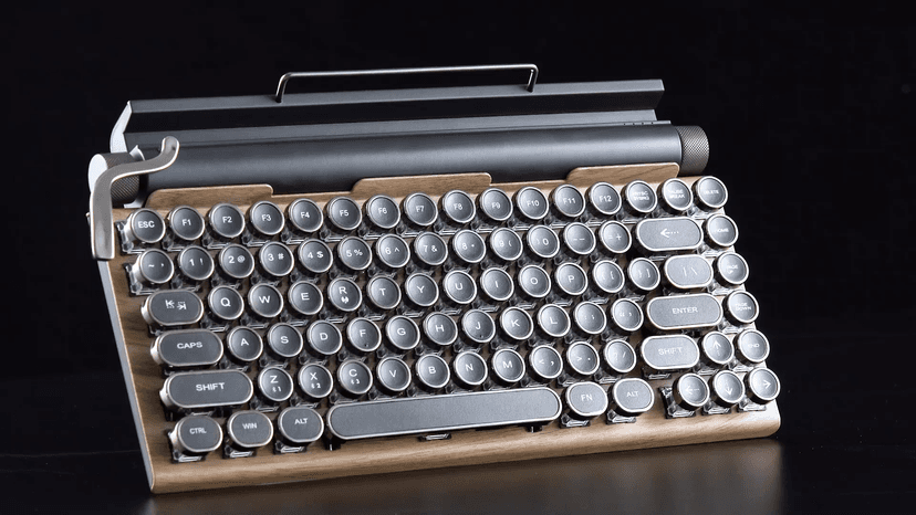 Adventurers Typewriter-Style Retro Mechanical Keyboard LED Backlight 83 Keys Bluetooth 5.0 Blue Axis Wood Color Panel Compatible with iOS/Android/Windows/Vista/Linux/Mac Office/Gaming, 12.8x6.6x1.6in