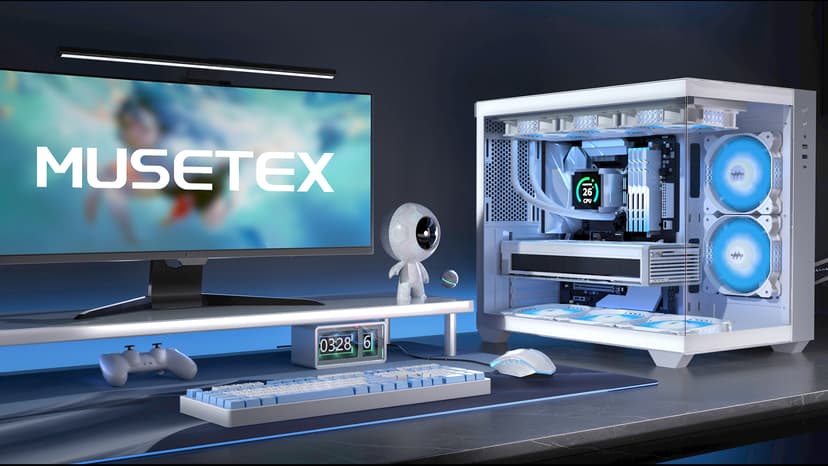 MUSETEX ATX PC Case, 6 PWM ARGB Fans Pre-Installed, 360MM RAD Support, Type-C Gaming PC Case, 270° Full View Tempered Glass Mid Tower, Pure White ATX Computer Case,Y6