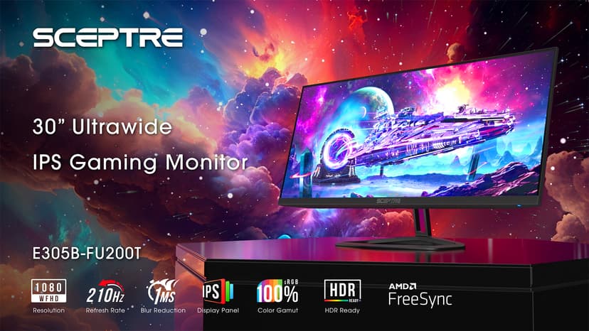 Sceptre 30-inch IPS Monitor 21:9 DisplayPort x2 up to 210Hz 1ms Ultra Wide/Slim Build-in Speakers, Machine Black 2024 (E305B-FU200T)