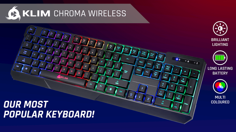 KLIM Chroma Wireless Gaming Keyboard RGB New - Long-Lasting Rechargeable Battery - Quick and Quiet Typing - Water Resistant Backlit Wireless Keyboard for PC PS5 PS4 Mac - Black