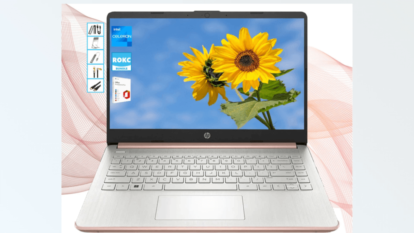 HP AI-Powered 14" HD Laptop with Microsoft Office and 1TB Cloud Storage Included for 1-Year| 16GB RAM|128GB SSD & 128GB Portable SSD| Intel 4-Core CPU| Webcam| Ultra Light|Win 11| RK Bundle| Rose Gold