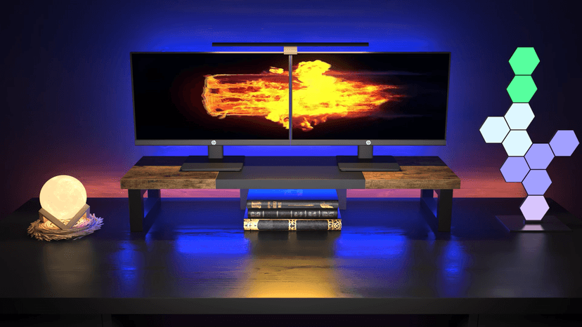 WESTREE Dual Monitor Stand Riser, Wood and Steel Monitor Stand Riser, Computer Monitor Stand for 2 Monitors, Multi-Purpose Desktop Storage Stand for Computer,Laptop,Printer,TV