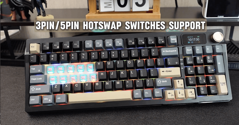 RedThunder K95 Wireless Mechanical Keyboard, TFT Screen & Knob, Tri-Mode BT5.0/2.4GHz/USB-C Hot Swappable Custom, Pre-lubed Linear Pink Switches, Gasket Structure, RGB Gaming Keyboard, Black-Gold
