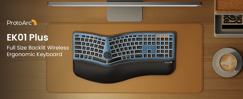 ProtoArc Backlit Bluetooth Ergonomic Keyboard, EK01 Plus Full Size Wireless Split Keyboard with Dual Bluetooth and USB, Cushioned Wrist Rest, Rechargeable, Compatible with Windows/Mac/Android, Blue