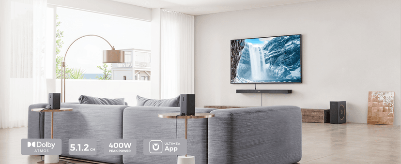 ULTIMEA 5.1.2ch Sound Bar with Dolby Atmos, Surround Sound System for TV with 2 Surround Speakers, Sound Bar for Smart TV, Soundbar with Subwoofer for Home Theater, BT 5.4, HDMI eARC, Skywave F40