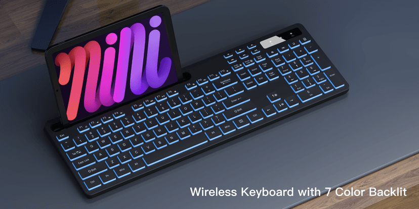 Wireless Keyboard with 7-Color RGB Backlit, Full-Size Computer Keyboard with Phone Tablet Holder, 2.4G Rechargeable Gaming Keyboard with Light Up Keys, Compatible with Mac, Windows (Black)