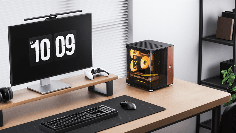 JONSBO TK-0 Black ITX Mini Tower Pc CASE, Hyperboloid Glass Desktop Design,Separated Cabinet Structure, Al Alloy Shell DTX/ITX Walnut Wood Computer Case, Sff Case,Black