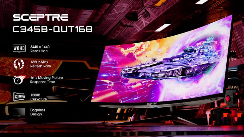 Sceptre 34-Inch Curved Ultrawide WQHD Monitor 3440 x 1440 R1500 up to 165Hz DisplayPort x2 99% sRGB 1ms Picture by Picture, Machine Black 2023 (C345B-QUT168)