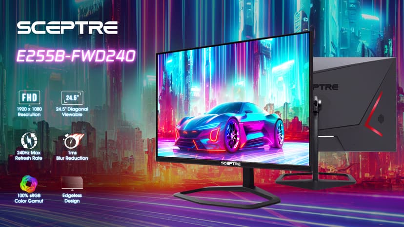 Sceptre New 24.5-inch Gaming Monitor 240Hz 1ms DisplayPort x2 HDMI x2 100% sRGB AMD FreeSync Premium Build-in Speakers, Machine Black 2024 (E255B-FWD240 Series)
