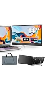 14" Laptop Screen Extender, FHD 1080P IPS Triple Portable Monitor for Laptop, HDMI/USB-A/Type-C Plug and Play for Windows, Mac, Android, Chrome, Switch & PS5, Work with 13.3”-17” Laptops
