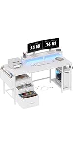Lufeiya White Computer Desk with LED Lights and Power Outlets, 40 Inch Home Office Desks with Monitor Stand, Teen Writing Study Table Gaming Desk with Charging Station, White