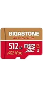[5-Yrs Free Data Recovery] GIGASTONE 512GB Micro SD Card, 4K Camera Pro, A2 V30 for Smartphone, Gopro, Action Cams, 4K UHD Video Recording , Up to 100MB/s, UHS-I U3 C10 Class 10 with Adapter