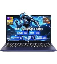 NIMO 15.6" IPS FHD-Gaming-Laptop, 6 Cores AMD Ryzen 5 6600H 32GB DDR5 RAM 1TB SSD (Beat i7-1165G7 up to 4.5GHz) 660M 6nm GPU-Computer with 100W Type-C Backlit Keyboard, Fingerprint