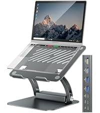 tounee Telescopic Laptop Stand for Desk with 360° Swivel Base, Sit to Stand, Height Adjustable, Portable Riser Holder for Good Posture, Compatible with MacBook Pro, All Laptops 10-17"-Gray