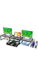 Simple Trending 2 Tier Metal Dual Monitor Stand Riser,Computer Office Desktop Organizer for 2 Monitors With 32"x10" Mouse Pad ,for Laptop,Printer,TV,Black