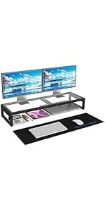 Simple Trending 2 Tier Metal Dual Monitor Stand Riser,Computer Office Desktop Organizer for 2 Monitors With 32"x10" Mouse Pad ,for Laptop,Printer,TV,Black