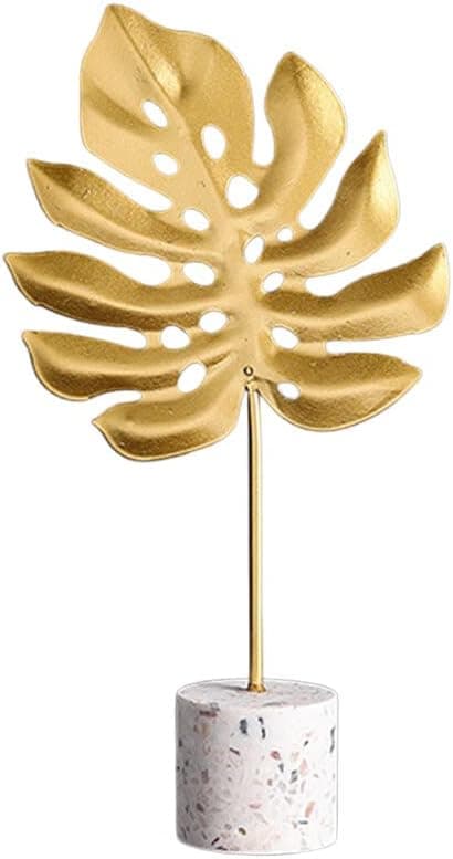 Gold Leaf Statues, Modern Metal Iron Art Crafts Sculpture Golden Leaves Sculpture with Base, Desktop Ornaments Home Office Figurine for Table Decor