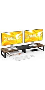 Zimilar Dual Monitor Stand Riser, Monitor Stand with Adjustable Length and Angle, Wood Monitor stand for desk, Monitor Riser for 2 monitors with Storage Space(Rust Brown Large)